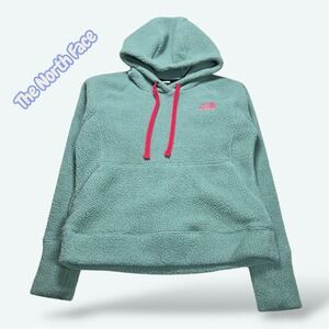 The North Face Womens Medium Sherpa Fleece Pullover Hoodie Green Pink Trim